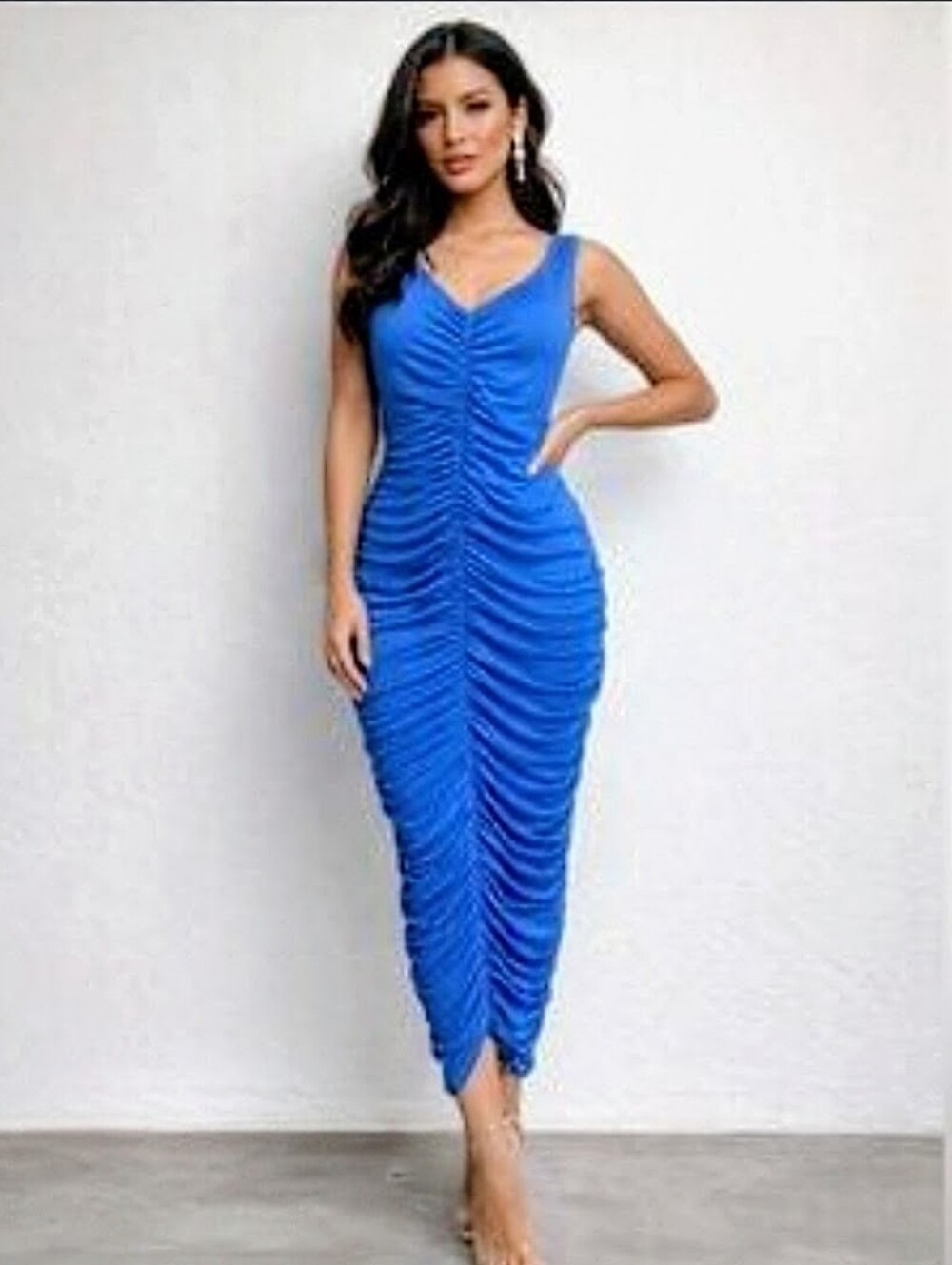 House of Harlow 1960 Midi Electric Blue Sleeveless Ruched Silhouette Dress Med
